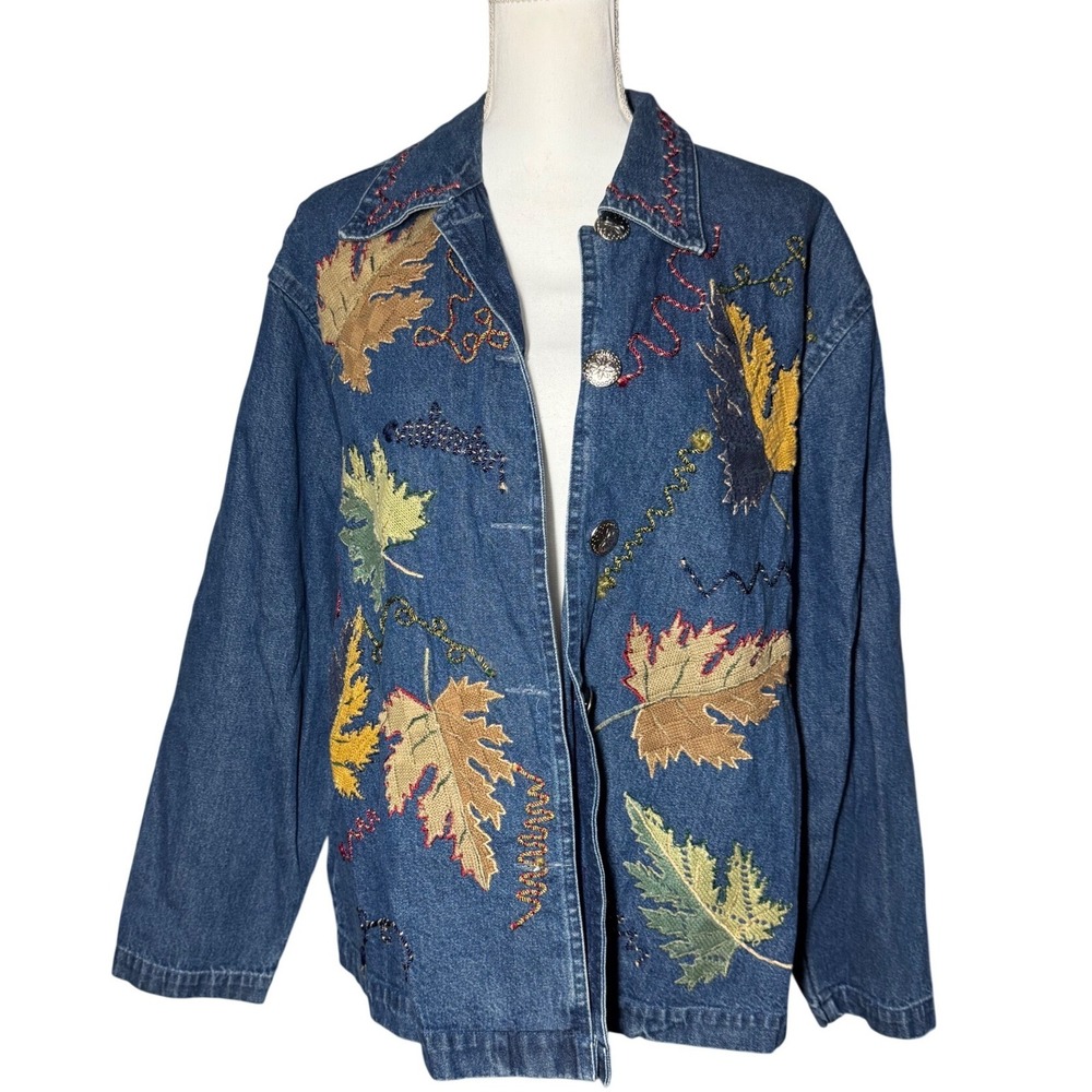 New Direction Vintage Leaf Embroidered Denim Shirt Jacket Large Blue Excellent